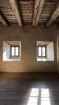 Old windows in the castle, view from the inside Poland Stock-Fotos