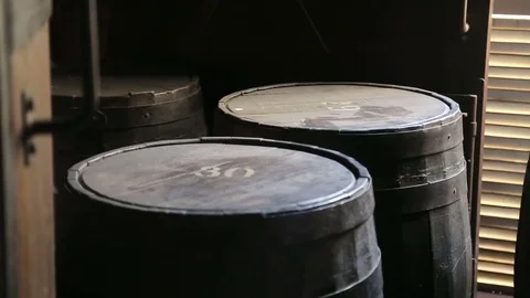 Old wine casks in the rum factory in La Habana, Cuba Stock Footage 76849051