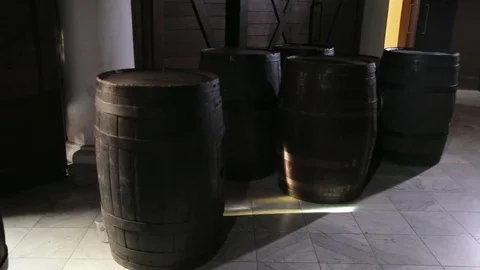 Old wine casks in the rum factory in La Habana, Cuba Stock Footage 76849524