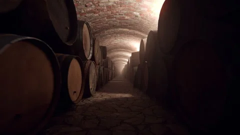 Old wine cellar with endless barrels, 3D animation Stock Footage 297257668