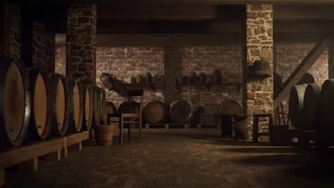 Old wine cellar with endless barrels, 3D animation Stock Footage 297258141