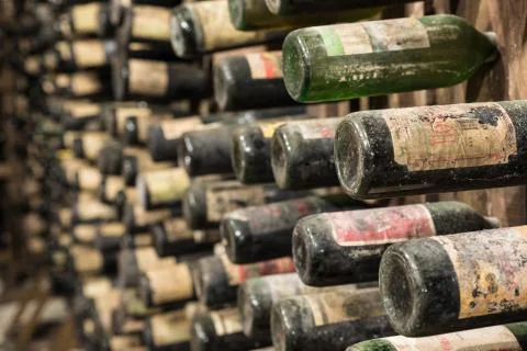 An old wine cellar with old bottles full of red or white wine Stock Photos