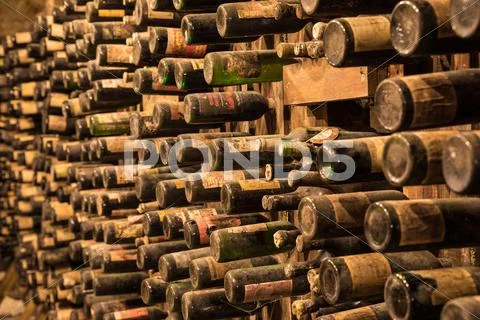 An old wine cellar with old bottles full of red or white wine Stock Photos