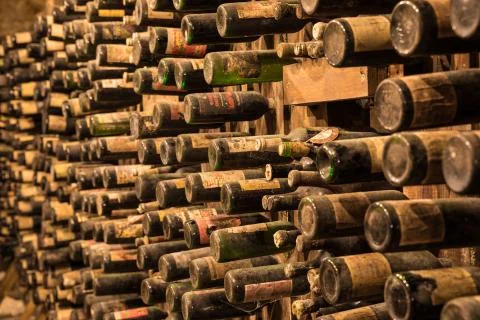 An old wine cellar with old bottles full of red or white wine Stock Photos