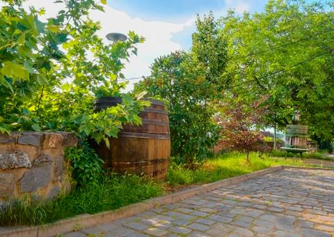 Old wine press and rustic wine barrel. Wine background in Europe. Czech Republic Stock-Fotos