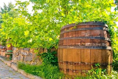 Old wine press and rustic wine barrel.. Wine background in Europe. Czech Stock-Fotos