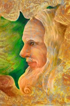 Old wise senior druid profile portrait, oil painting on canvas with graphic Stock Illustration