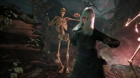 The old witch and her skeleton friends wish you an enjoyable and fun Halloween Stock Illustration