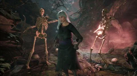 The old witch and her skeleton friends wish you an enjoyable and fun Halloween Stock Illustration