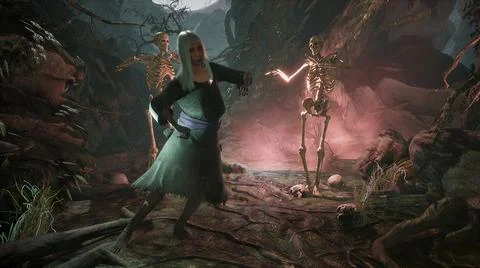 The old witch and her skeleton friends wish you an enjoyable and fun Halloween Stock Illustration