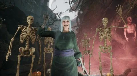 The old witch and her skeleton friends wish you an enjoyable and fun Halloween Stock Illustration