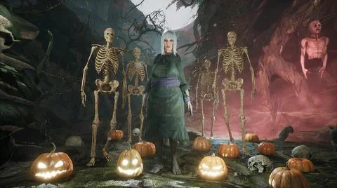 The old witch and her skeleton friends wish you an enjoyable and fun Halloween Stock Illustration