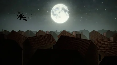Old Witch Flying On Broomstick Over City 스톡 동영상 81093796