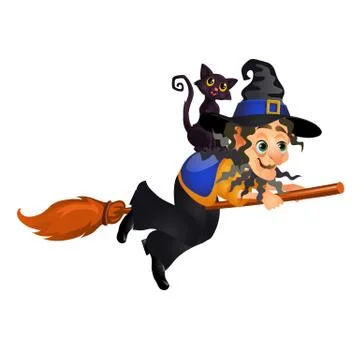 Old witch with hat flying on a broom with a black cat isolated on white Stock Illustration