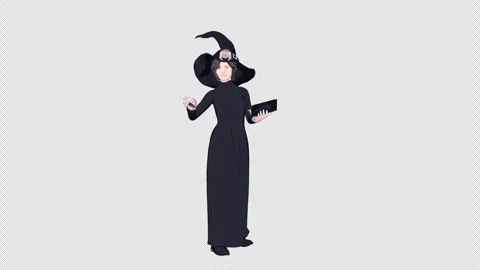 Old Witch Holding A Spellbook And Spellcasting With Wand, Cartoon Animation Stock Footage 346499011