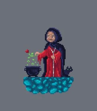 Old witch making magical potion in a cauldron. Stock-Illustration