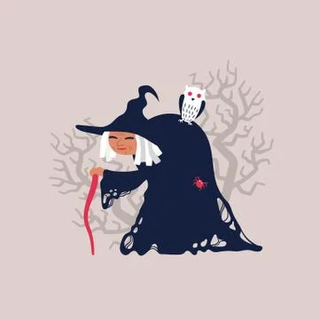 Old witch with owl on back. 스톡 일러스트