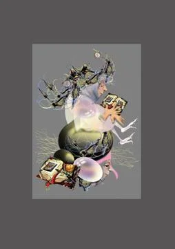 Old witch reading an old magic book, sitting on a stone with a head, hallowee Stock Illustration