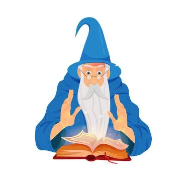 Old wizard and reading spell book on white background. Warlock, sorcerer, old Stock Illustration