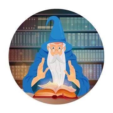 Old wizard and reading spell book on library background. Warlock, sorcerer, old Stock Illustration