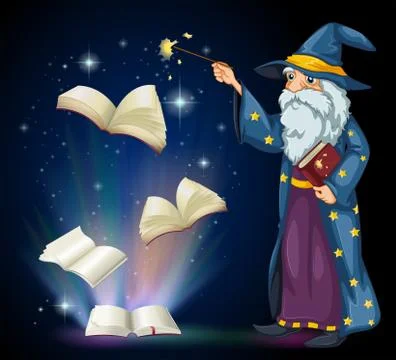 An old wizard holding a book and a wand Stock Illustration