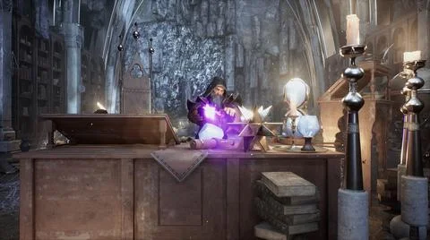 The old wizard used his sorcery to create a shining neon star. 3D Rendering. Stock Illustration