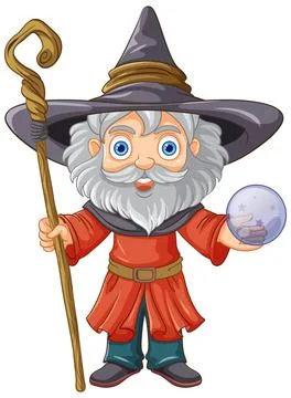 Old wizard wearing a hat with a long beard holding stick Stock Illustration