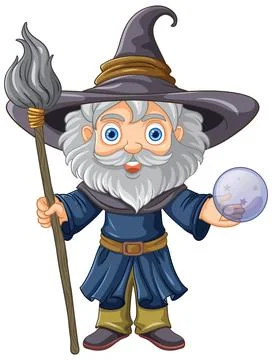 Old wizard wearing a hat with a long beard holding stick Stock Illustration