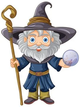 Old wizard wearing a hat with a long beard holding stick Stock Illustration