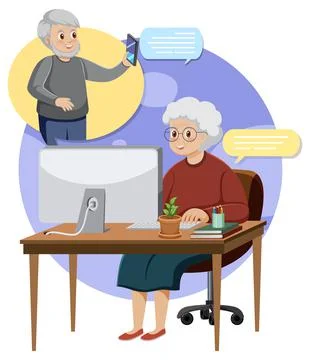 Old woman chatting on computer Stock-Illustration