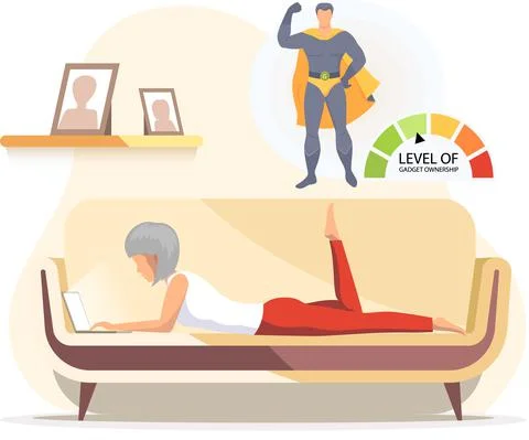 Old woman with computer lying on couch, freelancing. Increasing level of gadget イラスト素材