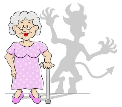 Old woman with her devil shadow Stock Illustration