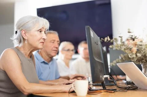 Old woman learning computer programs in training room Foto stock