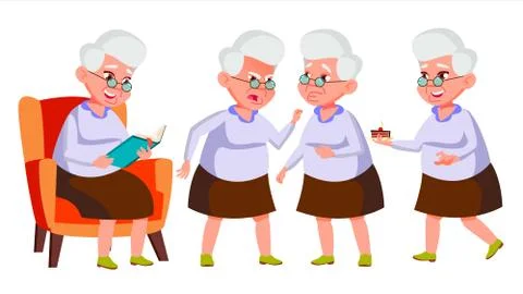 Old Woman Poses Set Vector. Elderly People. Senior Person. Aged. Beautiful Stock Illustration