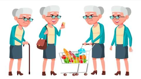 Old Woman Poses Set Vector. Elderly People. Senior Person. Aged. Positive Stock Illustration