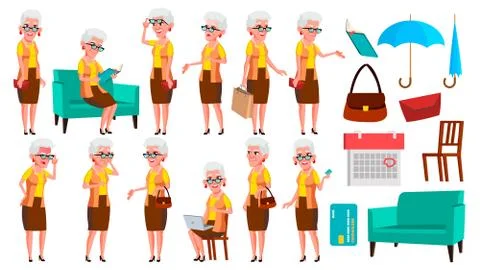 Old Woman Poses Set Vector. Elderly People. Senior Person. Aged. Comic Pensioner Stock Illustration