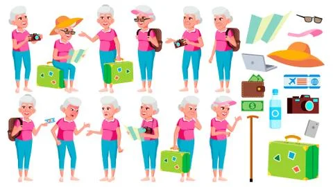 Old Woman Poses Set Vector. Elderly People. Senior Person. Aged. Tourist Stock Illustration