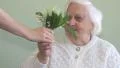 An old woman is receiving flowers HD Footage