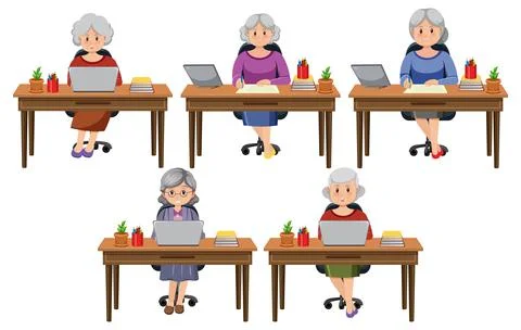 Old woman sitting in front of computer Stock Illustration
