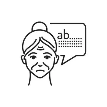 Old woman with speech bubble difficulty with words line black icon. Brain dis Stock Illustration