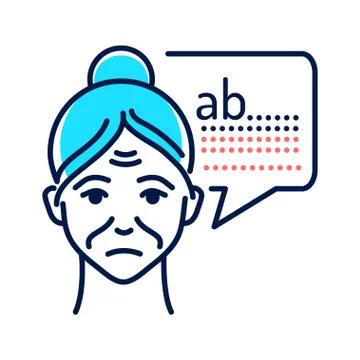 Old woman with speech bubble difficulty with words line color icon. Brain dis Stock Illustration
