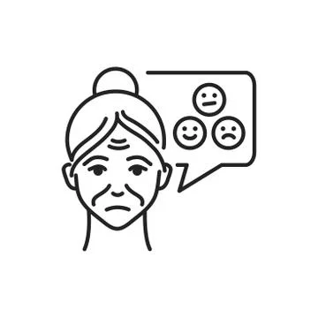Old woman with speech bubble unfounded emotions line black icon. Mood change. Stock Illustration