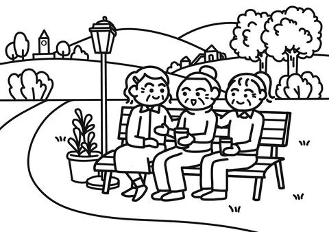  An old woman talking about  problem with her friends coloring pages style. Stock-Illustration