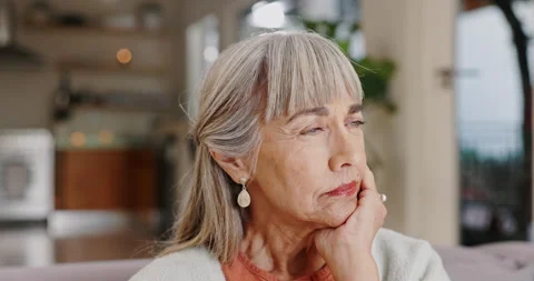 Old woman, thinking and memory with reflection in retirement, relax in lounge Stock Footage 306433735