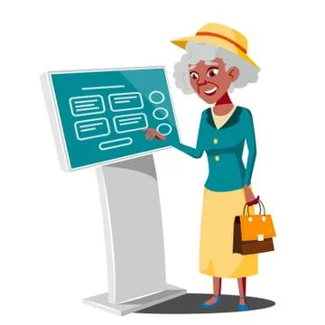 Old Woman Using ATM Machine, Digital Terminal Vector. Digital Kiosk LED Display Stock Illustration