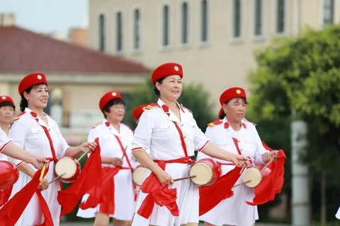 Old women practicing waist drum performance in the park, Luannan County, He.. Stock Photos