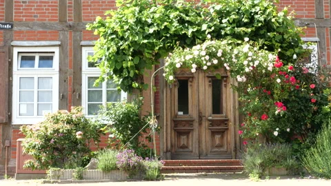 Old wood Door of brick building and flowers on pergola in the countryside Stock Footage