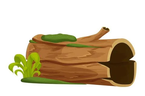 Old wood, tree log, trunk with moss and grass empty in cartoon style isolated on Stock-Illustration