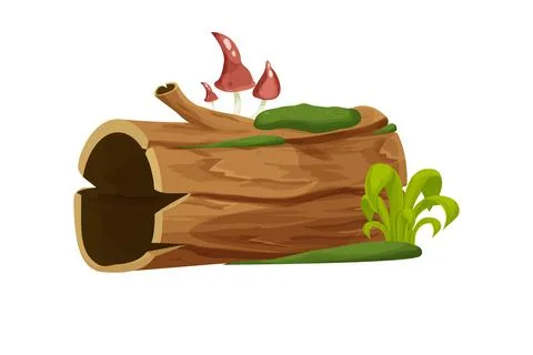 Old wood, tree log, trunk with moss and grass empty in cartoon style isolated on Stock-Illustration