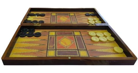 Old wooden backgammon table isolated on white background Stock Photos
